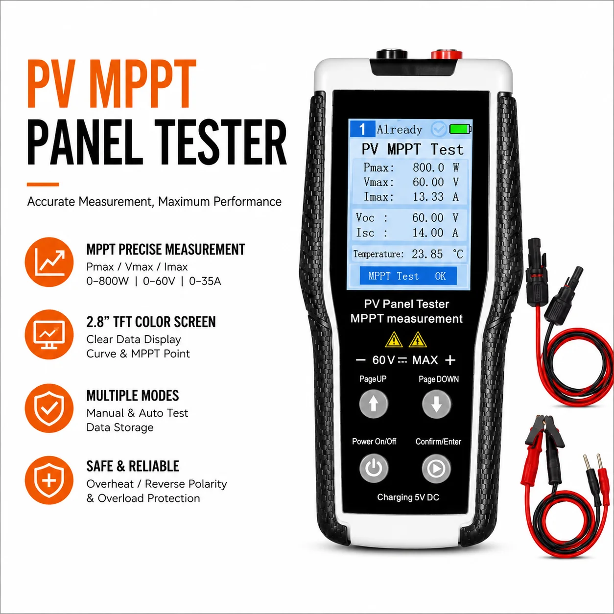 

800W MPPT Solar Panel Tester 60V 35A PV Analyzer 2.8" TFT Display, Voc Isc Power Meter 14 Groups Data Logger for Solar System
