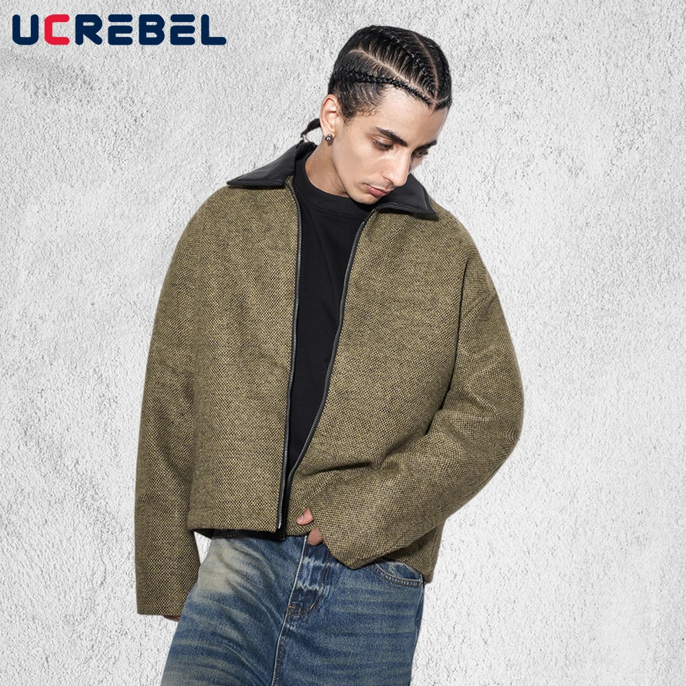 

Spliced Lapel Woolen Jacket Mens Pocket Autumn Winter Retro High Street Loose Long Sleeve Outerwear Man