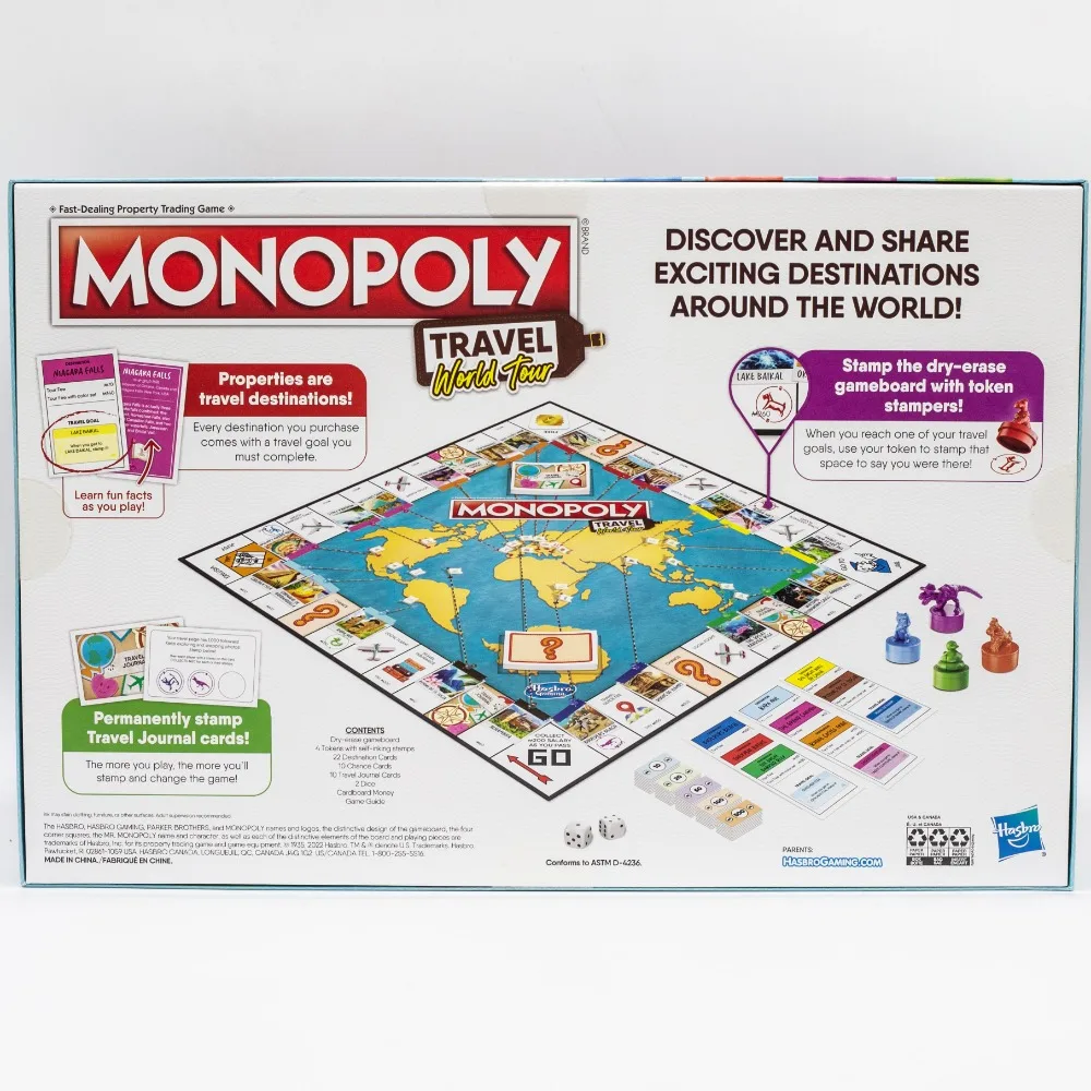 Hasbro Gaming Monopoly Travel World Tour Board Game with Token Stampers Dry-Erase Strategy Classic Gameboard Family Party Game