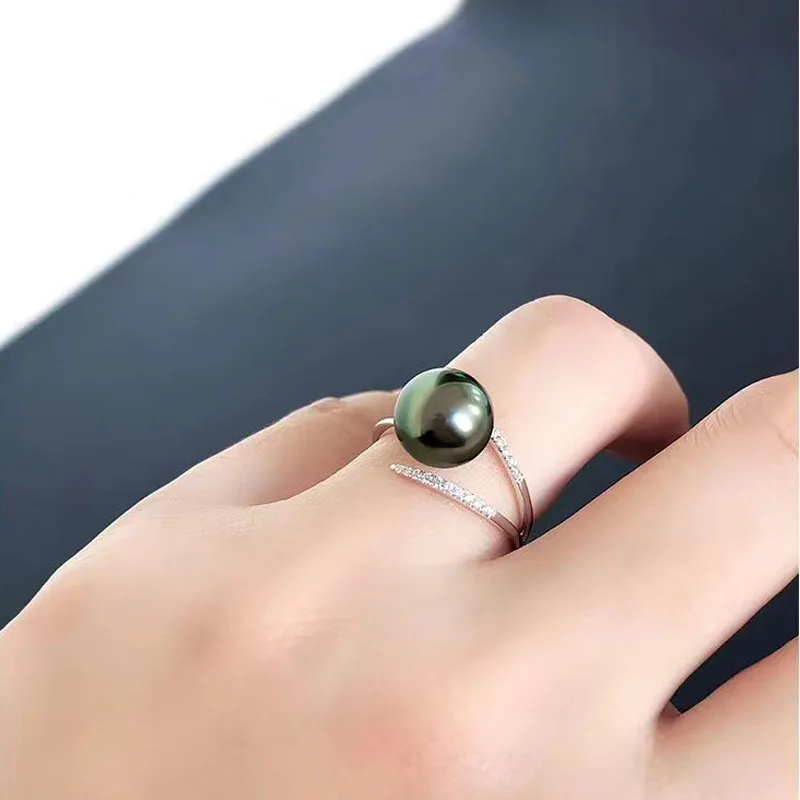AAAA 10-11mm  9-10mm 11-12mm tahitian green black Rond  Shining Zircon Open  Ring Retro lace