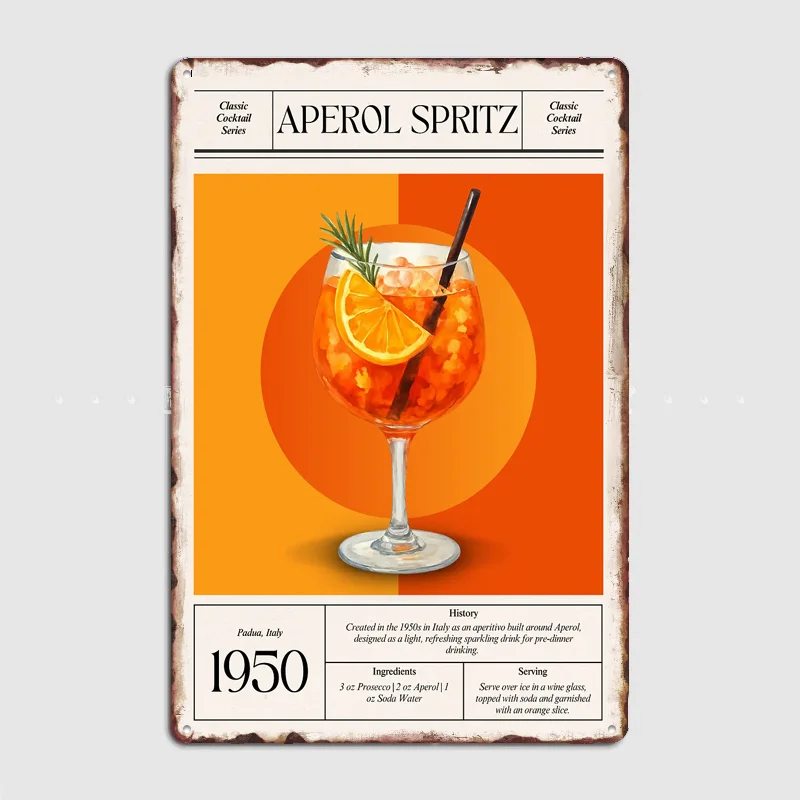 Letrero Metálico Aperol Spritz Classic 1950, Aperitivo Italiano, Decoración Vintage para Pub, Club, Dormitorio, Hogar, Póster Decorativo para Pared