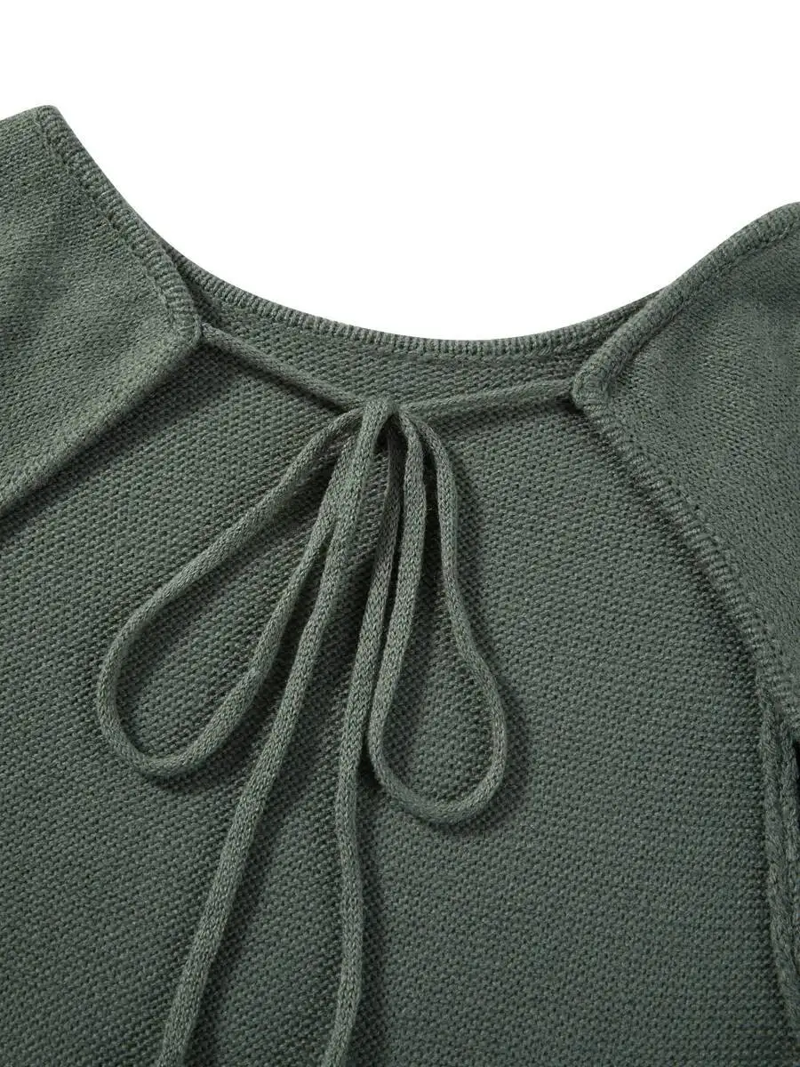 Vestido largo de punto con volantes para mujer, ropa de playa con manga ajustada y lazo, Espalda descubierta, cuello redondo, Color sólido, otoño e invierno