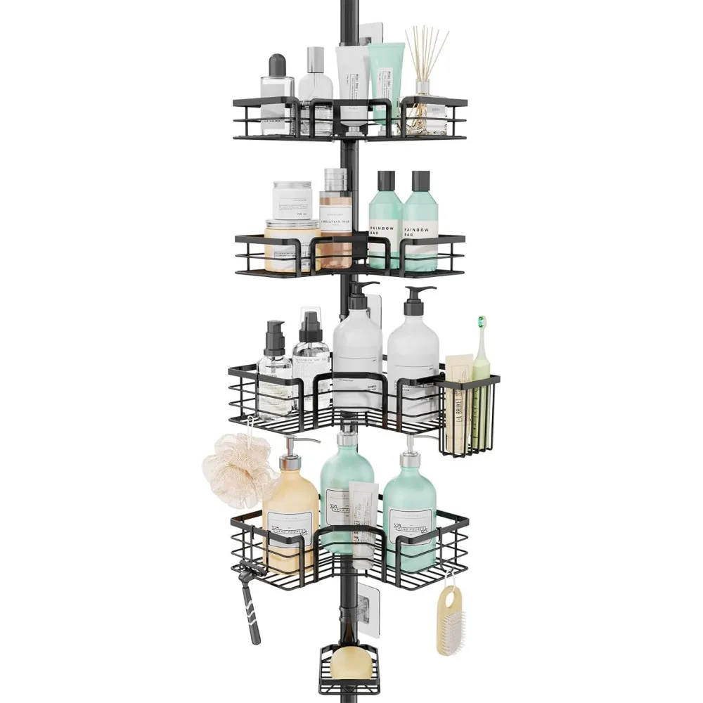 

Adjustable 4-Tier Corner Shower Organizer with Soap Holder, Stainless Steel Tension Rod for Bathroom Storage