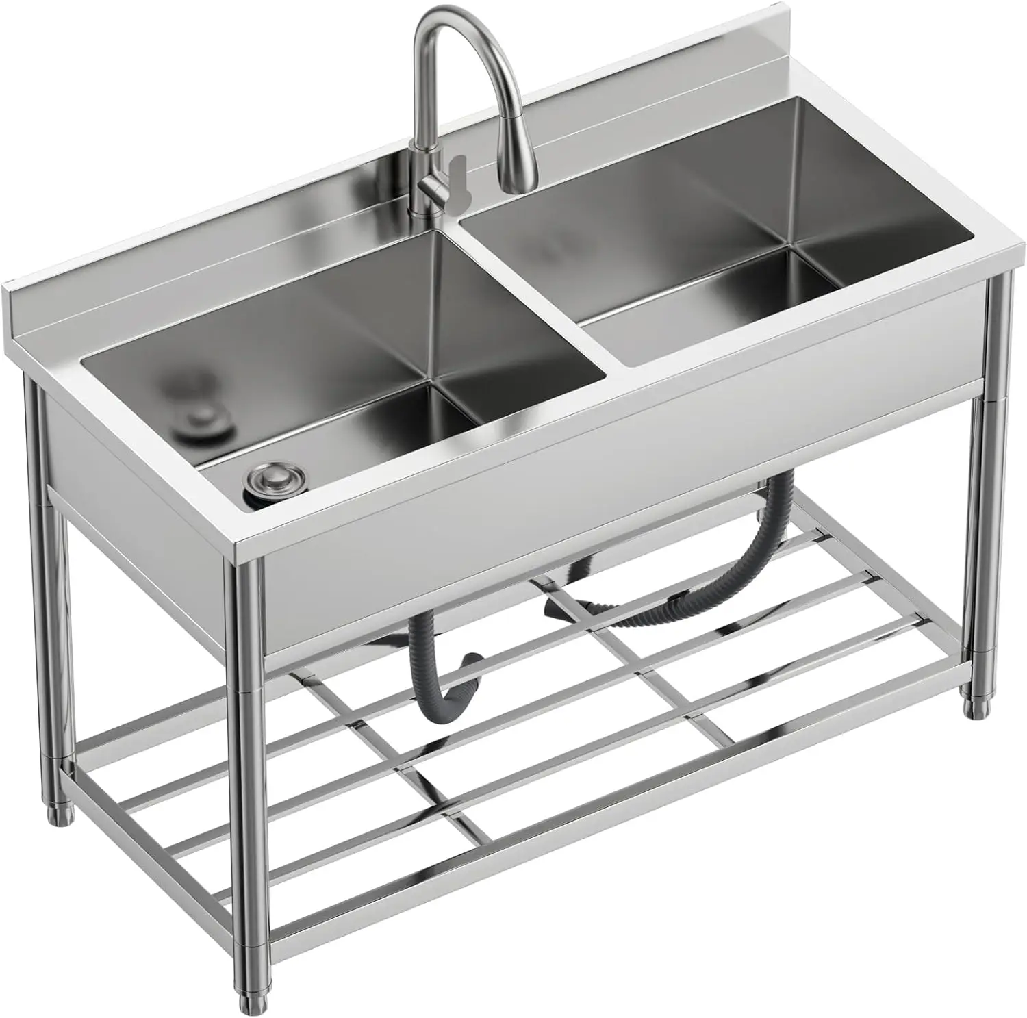 2-Compartment Commercial Sink With Pull-Out Faucet, Stainless Steel Utility Sink, Free Standing Double Bowl Kitchen Sink For