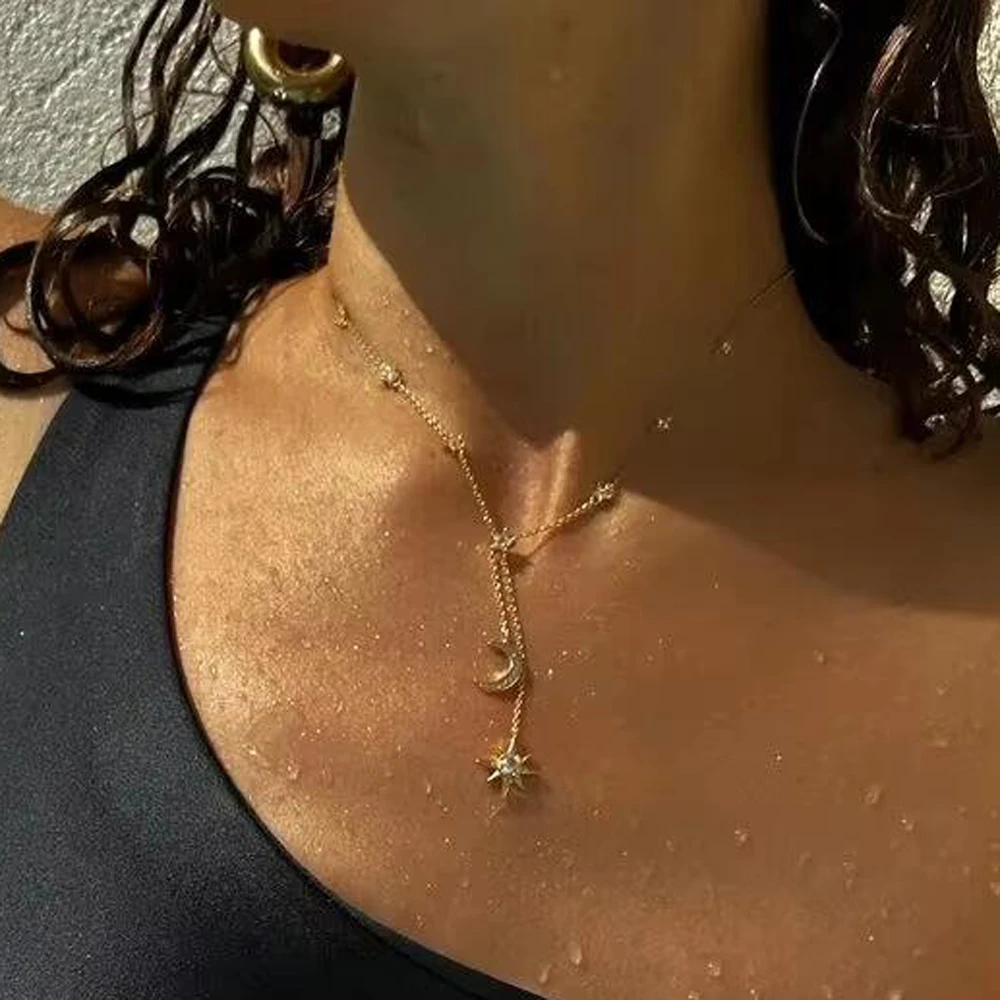 2026 New Moon Star Chain Pendant Necklace Long Chain  Micro Paved 5A CZ Fashion Jewelry For Women Wedding Gift