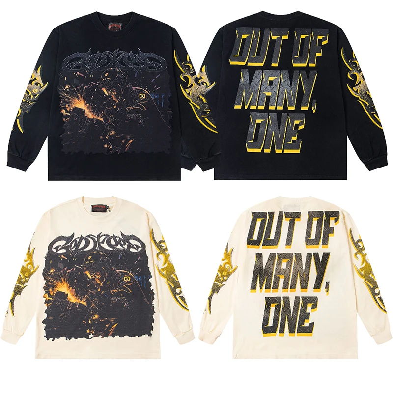 

Мужская и женская футболка с длинными рукавами American High Street Godspeed, классическая футболка с фейерверком и черепом, оригинальная футболка с буквенным принтом