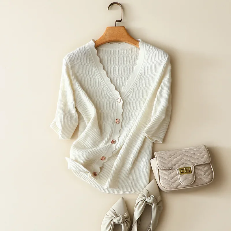 

100% cashmere sweater women new france style spring autumn short sleeve v neck elegant soft ladies buttons cardigan