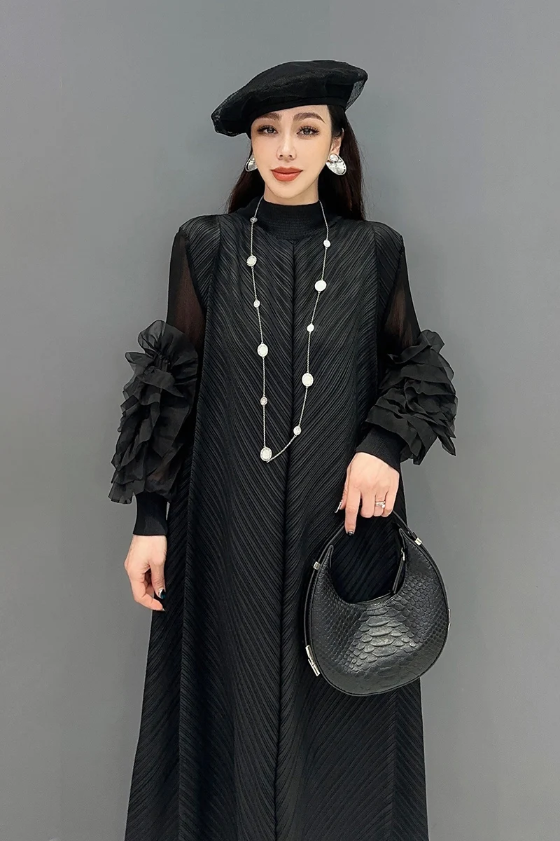 Vefadisa 2024 Summer New Black Pleated Dress Long Sleeved Round Neck Patchwork Sleeved Mid Length Women Dress HLX113