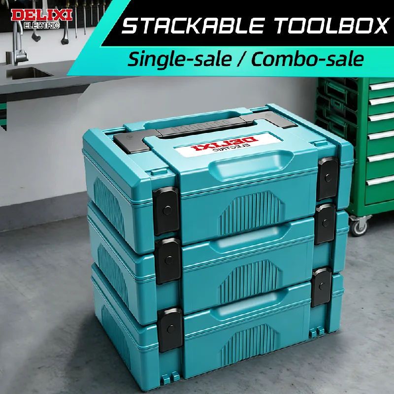 DELIXI ELECTRIC Stackable Interlock Tool Box,Double Latches&Top Handle,Large Capacity Portable Storage Case for Daily Storage.