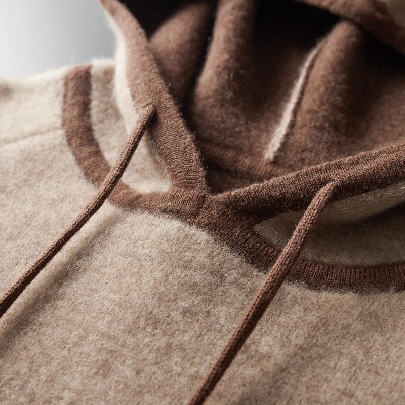 

Choice Autumn Winter Men Cashmere Hooded Sweaters Casual Pullover Long Sleeve 100% Cashmere Knitwear Color Block Thick Clothes