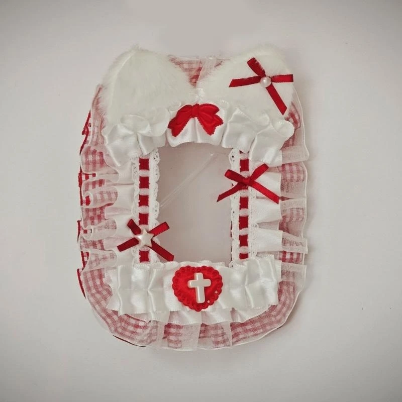 D46D Mèo sang trọng dễ thương Người giữ photocard với viền ren và tay áo cúp chuỗi đính cườm cho trang trí khóa hoặc túi quyến