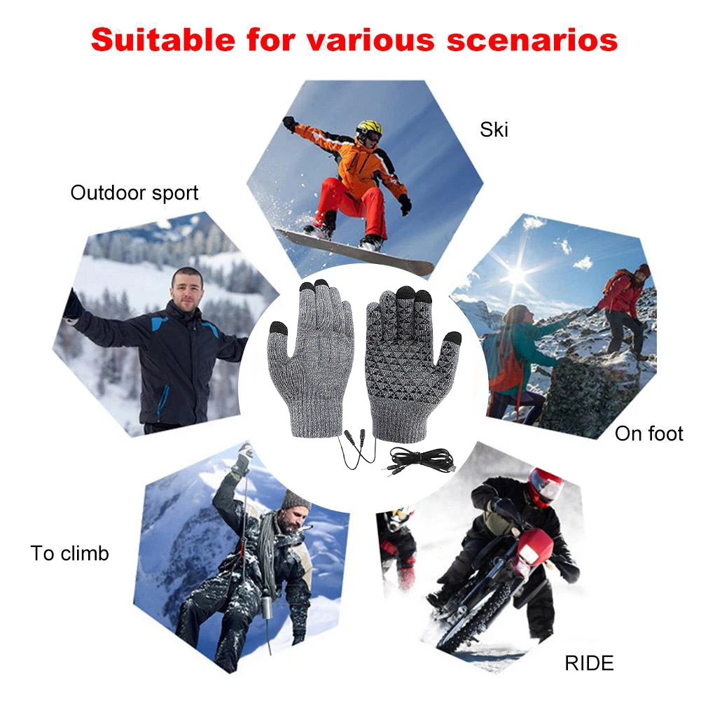 Winter USB Electric Heated Gloves Warm Thermal Full Finger Knitted Gloves Outdoor Snowboarding Skiing Sport Stocking(No Battery)