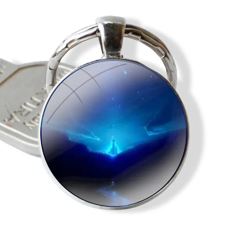 Glowing moon and sun tech Keychain Handmade Glass Cabochon Key Ring Holder Pendant Key Chains