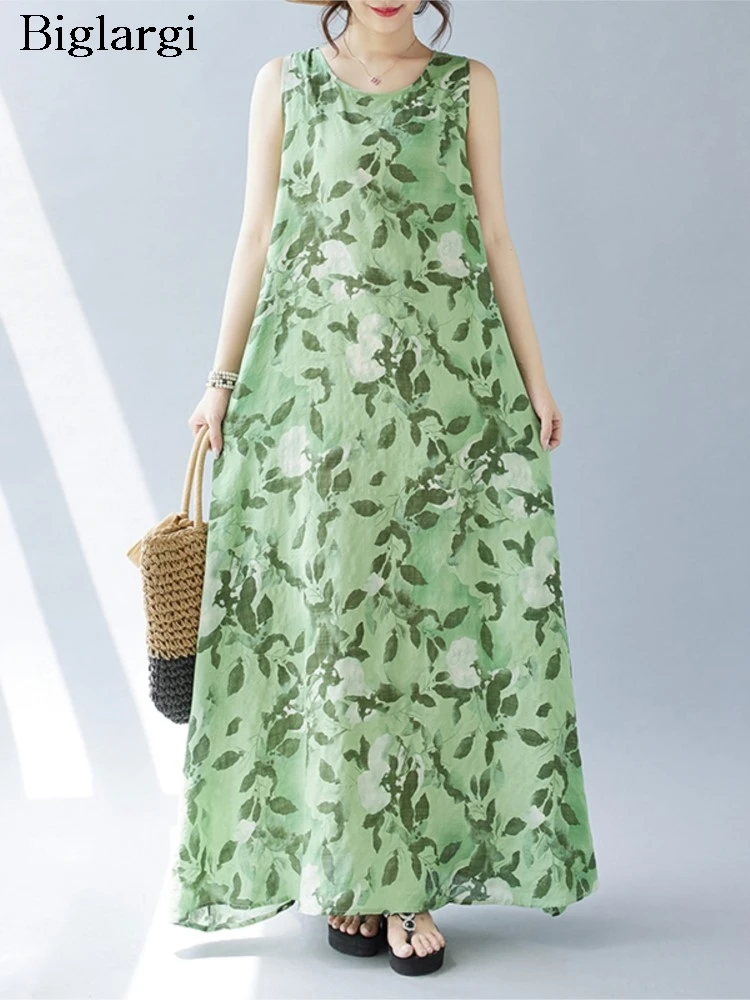 

Oversized Summer Sleeveless Dress Women Ruffle Pleated Loose Fashion Flower Floral Ladies Dresses Casual Woman Long A-Line Dress