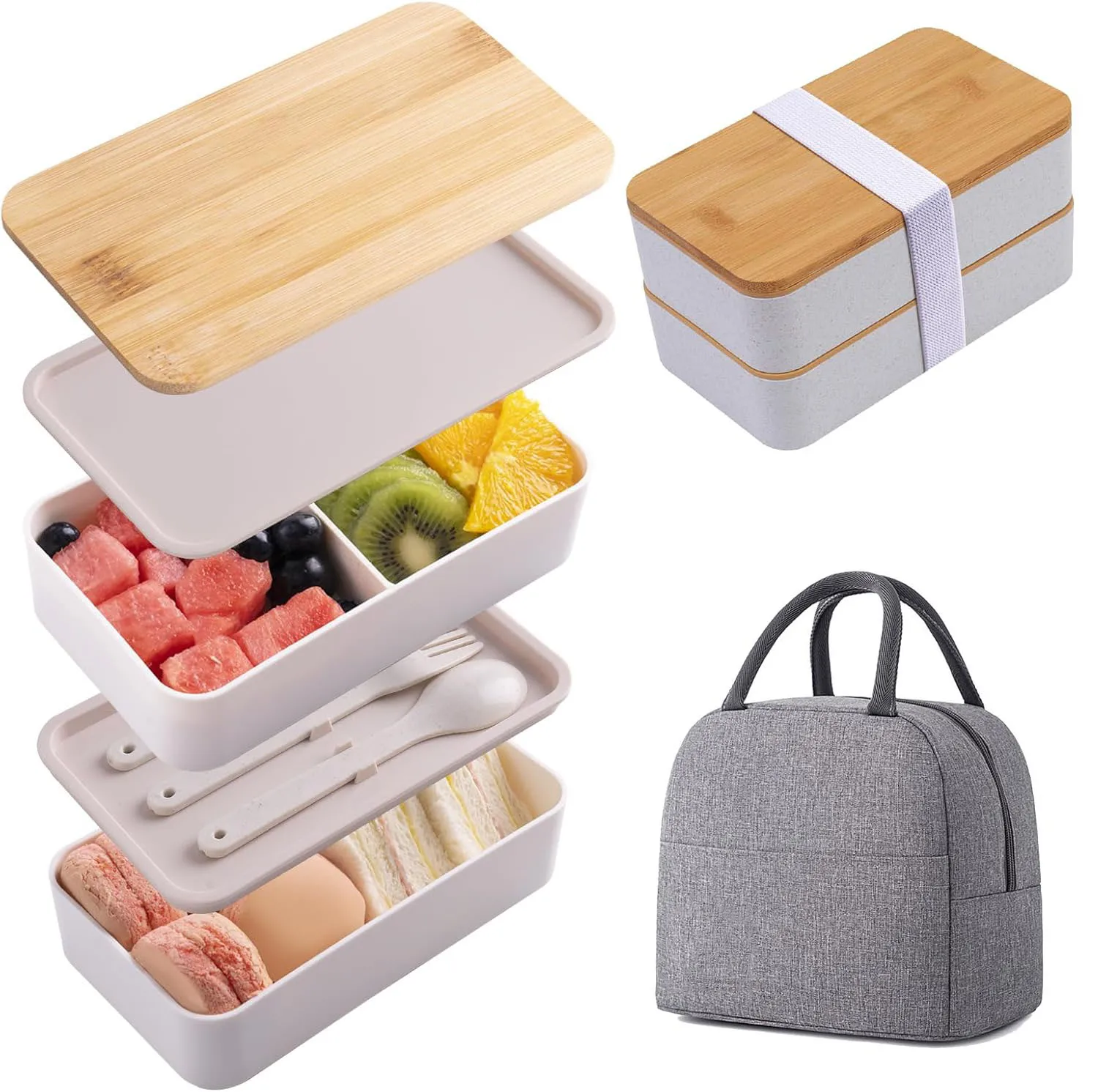 

1200ML Double-layer Lunch Box Wood Grain Divided Lunch Box Microwaveable Large Capacity Japanese Bento Box for Students Workers