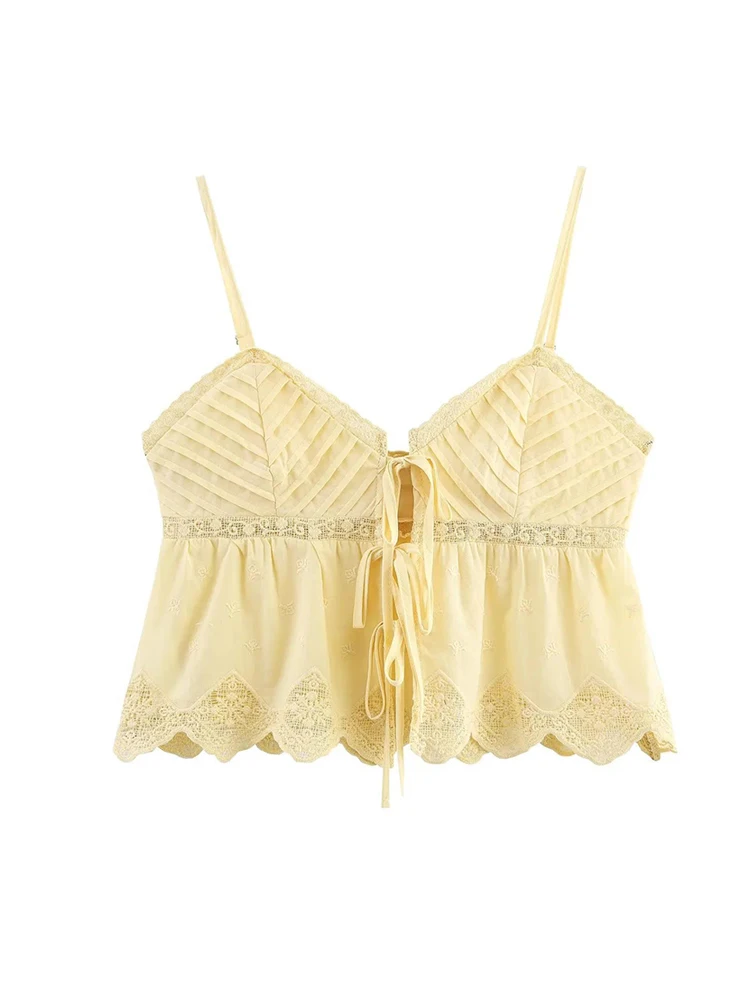 

Summer Embroidery Spliced Cami Tops Women White Yellow Crop Top Backless