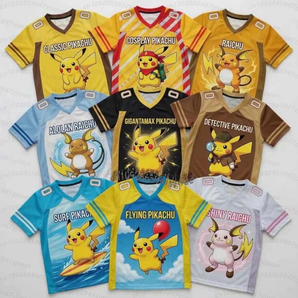 2026 Anime Pikachu Print Fußballtrikots für Mädchen, Jungen und Herren – Kurzarm-Sport-T-Shirts für Herren, Cartoon-Cosplay-Kinder-T-Shirts