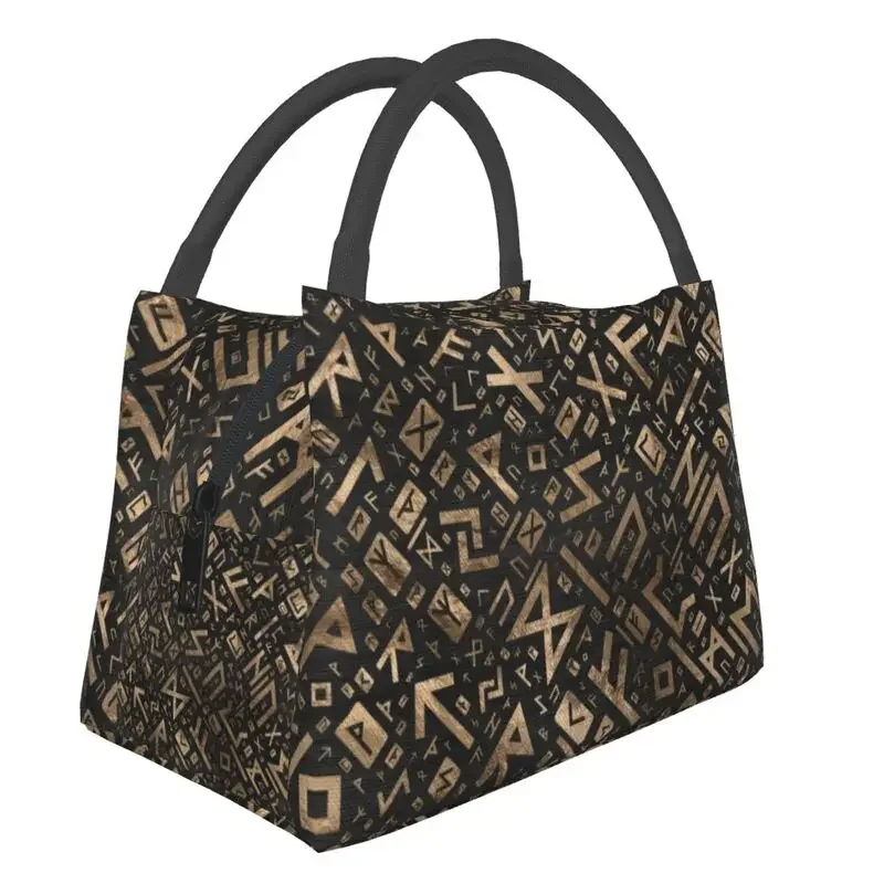 

Elder Runes Gold Futhark Pattern Thermal Insulated Lunch Bags Women Runic Lunch Tote for Outdoor Picnic Meal Food Box