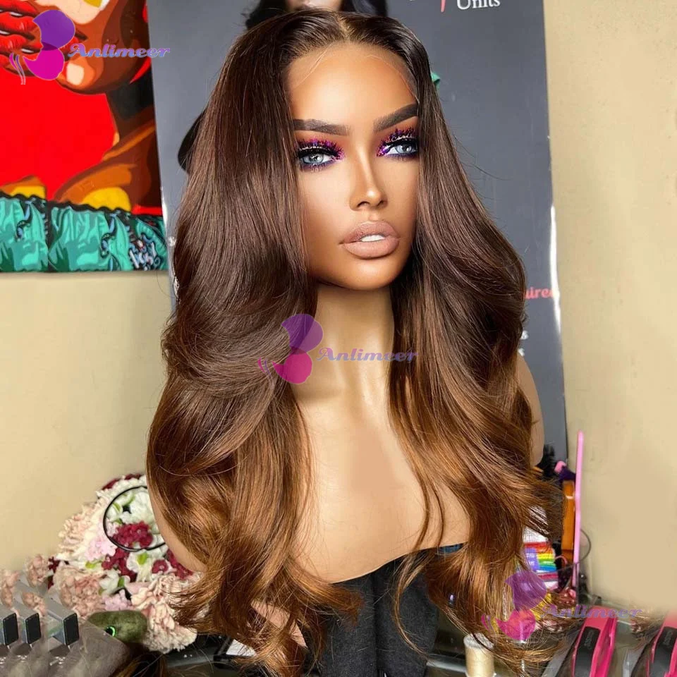 200% Density Body Wave Ombre #4/6 Brown Colored 13x6 HD Transparent Lace Front Glueless Human Hair Wig Preplucked Ready To Wear