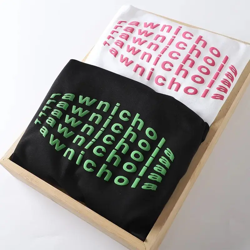 

Faionable round Ne ort Sve T-irt Men's Loose Fit Liquid Ammonia Long Pile Cotton Printed Foam Letters Street Sle