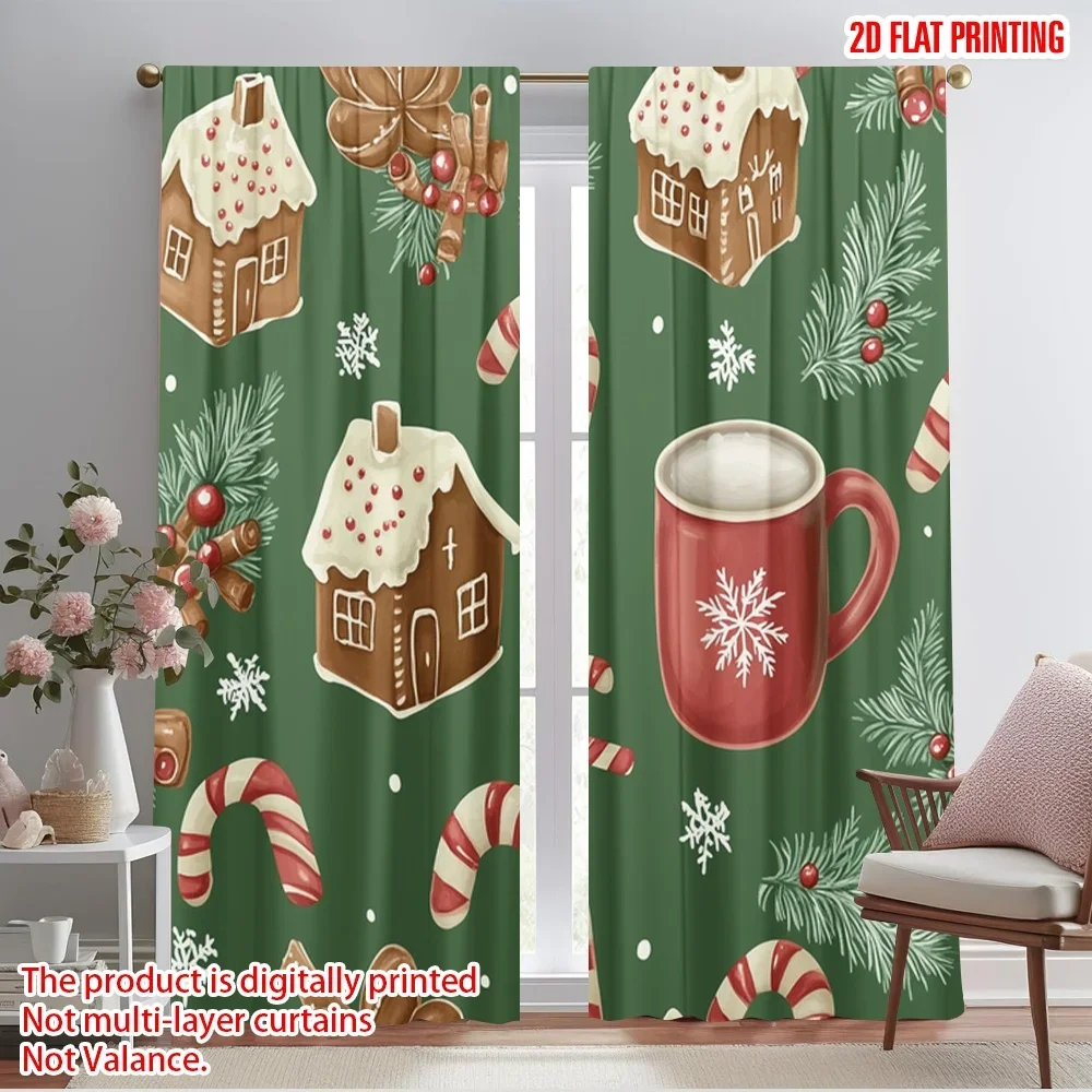 

2pcs,2D plane printing Curtains&Window Treatment Gingerbread House Candy Mug (3) Versatile Polyester (without rod) Room Decor