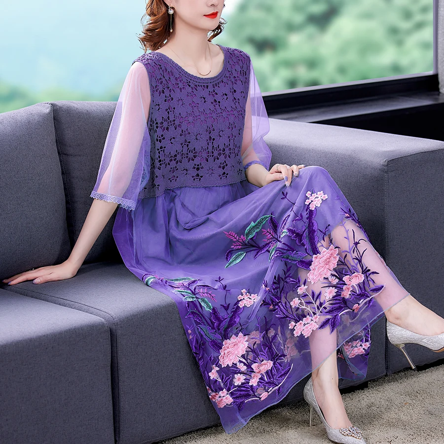 

2024 Spring Summer V-neck Mesh Embroidered Dresses Sweet Fashion High Waist Long Dress Vestidos High Quality Casual Dress