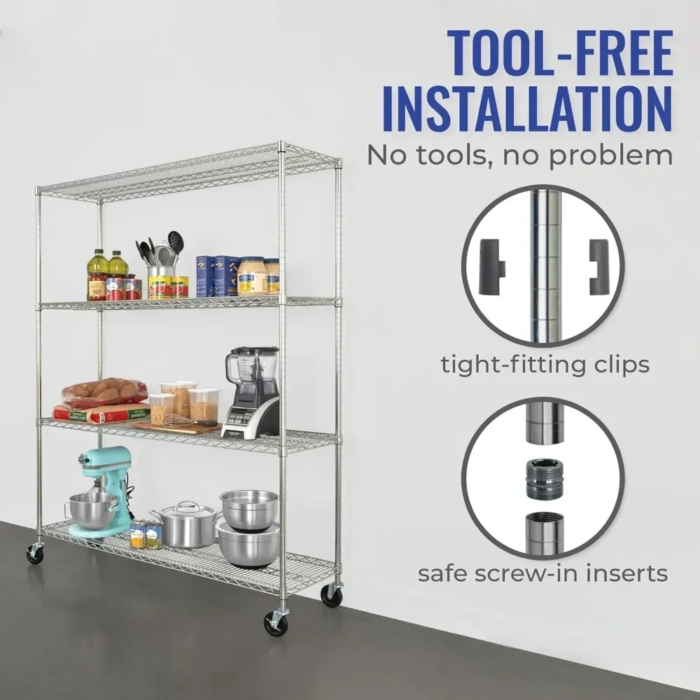 

- NSF Certified Storage Shelves, Zinc, Heavy Duty Steel Wire Unit with Wheels and Adjustable Feet, Garage or Bakers Rack, Kitch