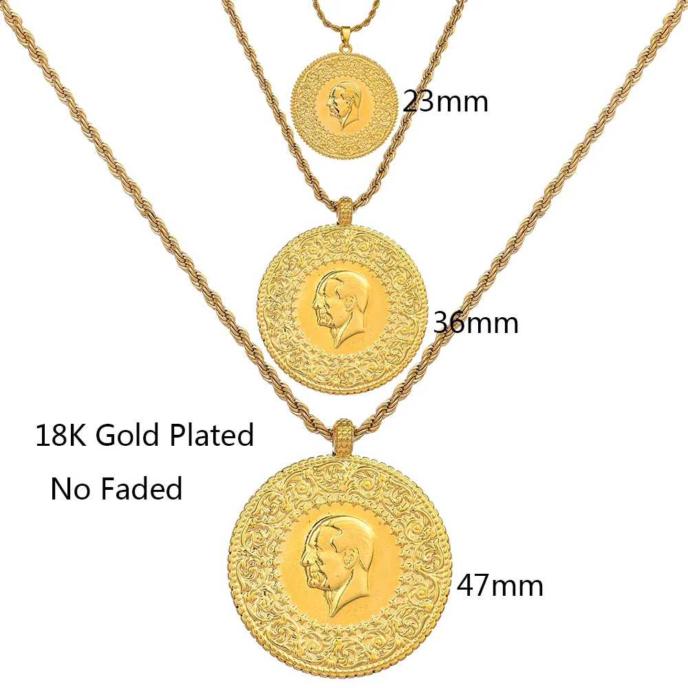 Three Size Muslim Islam Turkey Ataturk Pendant Allah Arab Necklaces for Women Gold Color Turkish Coins Jewelry Ethnic Gifts