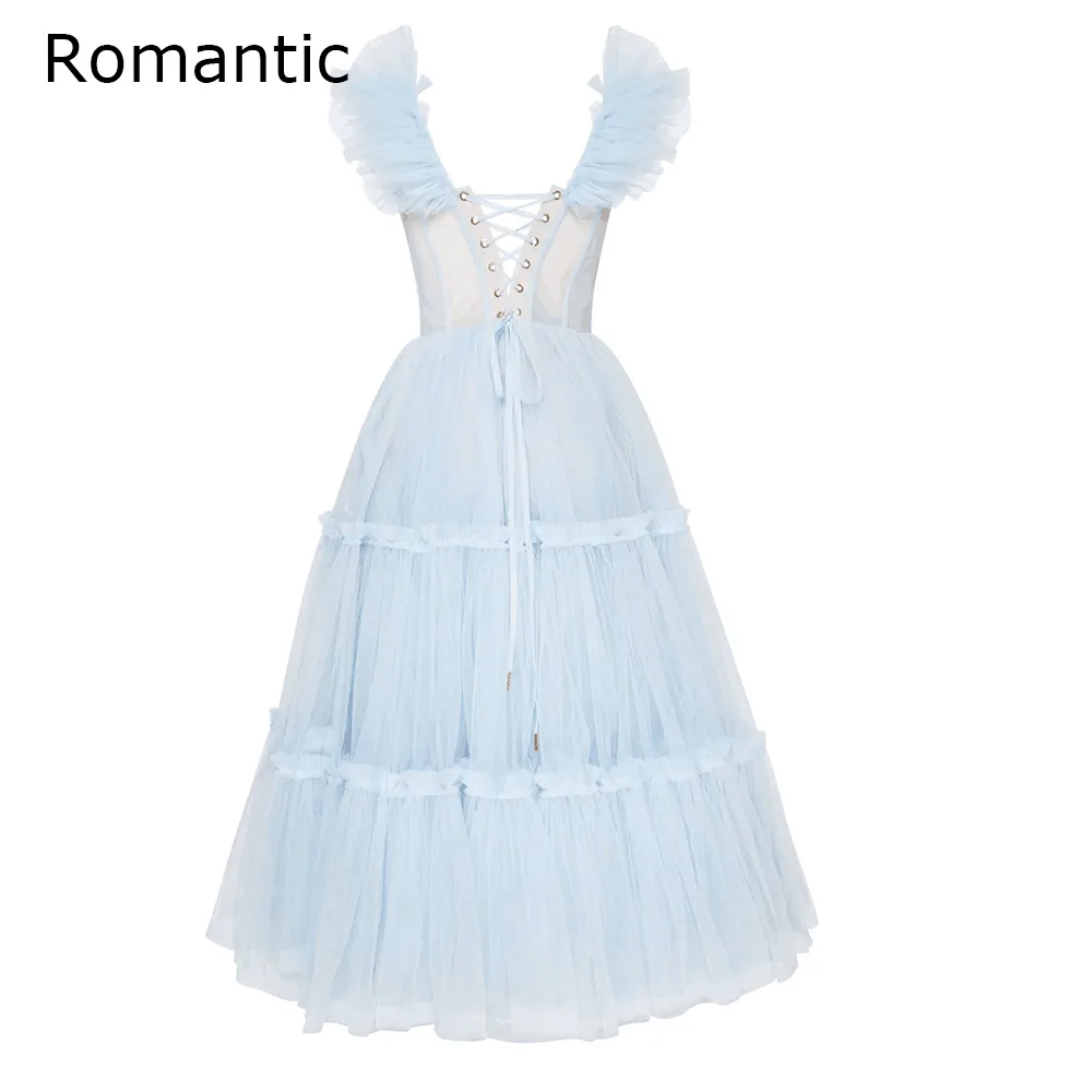 

Romantic Simple Baby Blue Tiered Skirt Tulle Short Prom Dresses Tea-Length Homecoming Dress Bones Formal Event Graduation Gowns