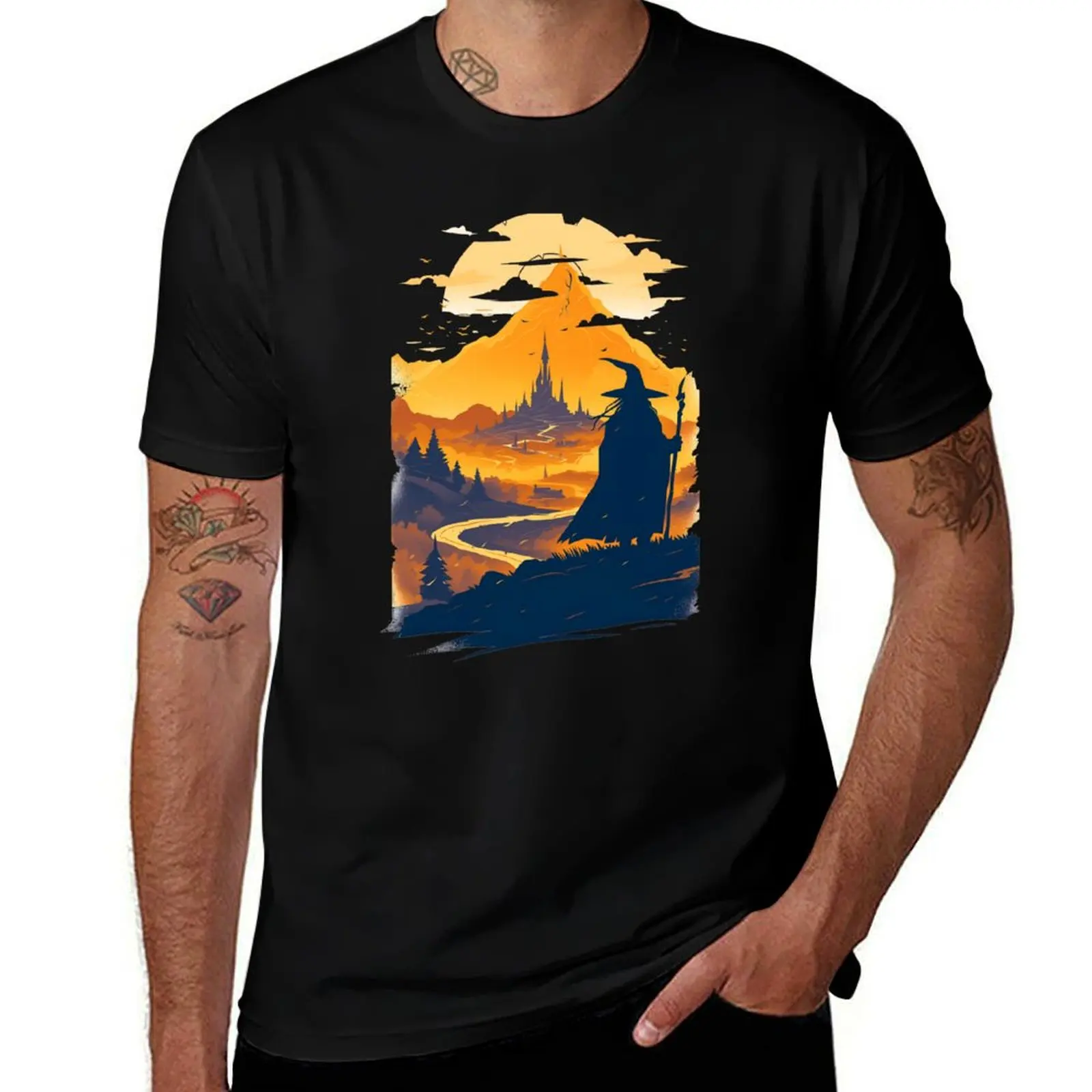 Old Wanderer Gazing at a Mystical City - Fantasy T-Shirt graphics baggy shirts t shirts for men cotton