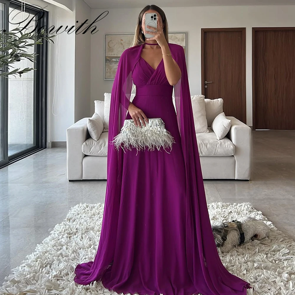 

Bowith Cape Sleeves Evening Dresses Purple Formal Evening Party Dresses Summer Chiffon Prom Gown Party Dress vestidos de fiesta