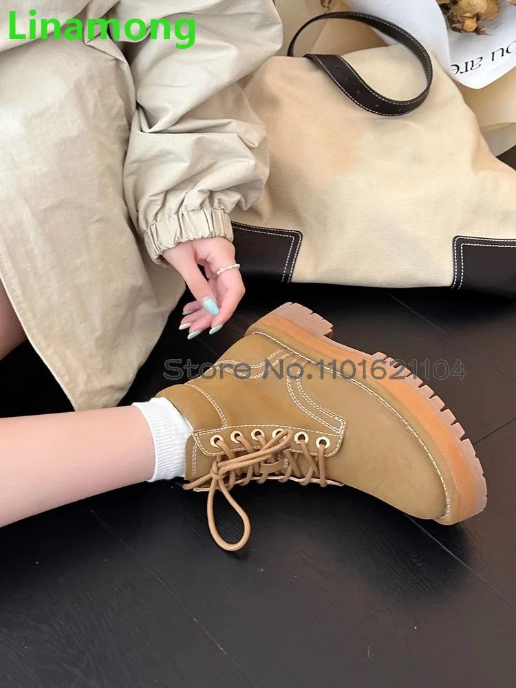 Brown Thick Sole Short Boots For Female Women 2024 Winter New Round Toe Lace-up Chunky Heel Non-slip All-match Casual Shoes