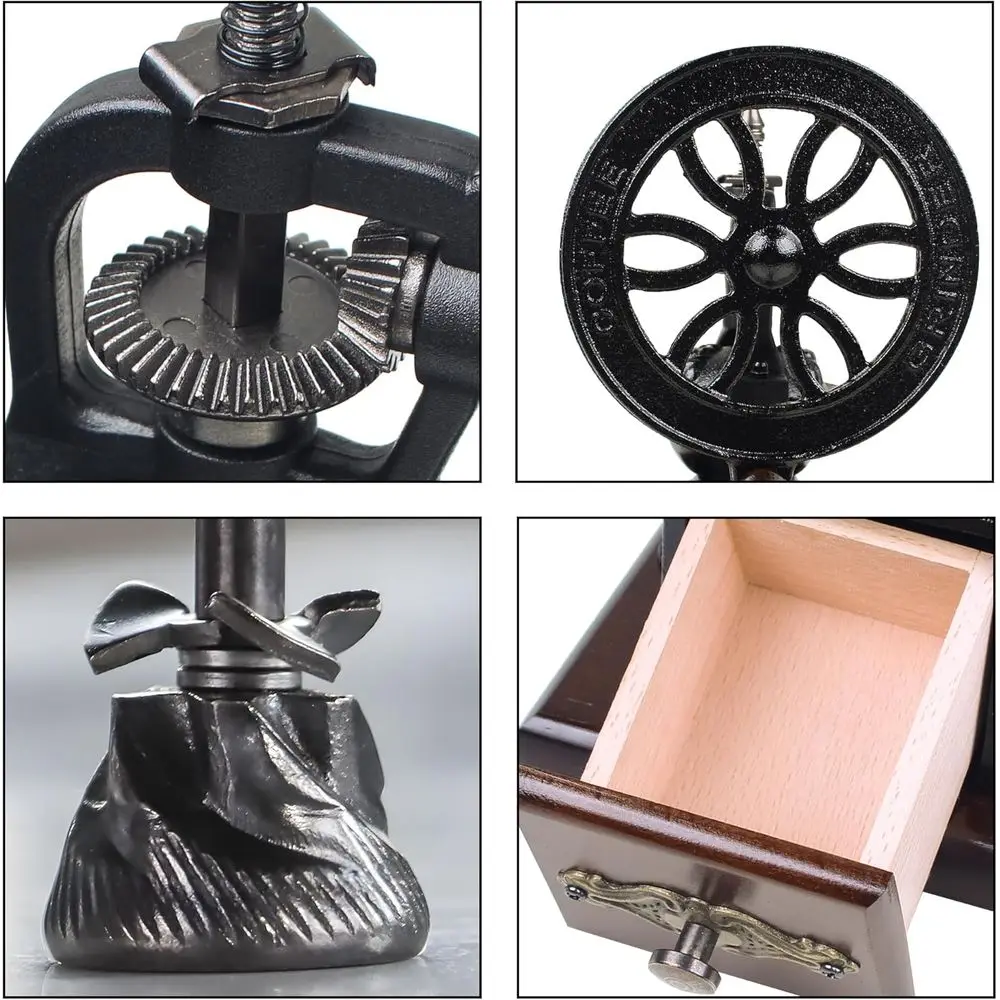 Cast Iron Wheel Vintage Coffee Grinder, Wooden Handle, Carbon Steel Core, 10.63x5.71 Inches, Black & Brown