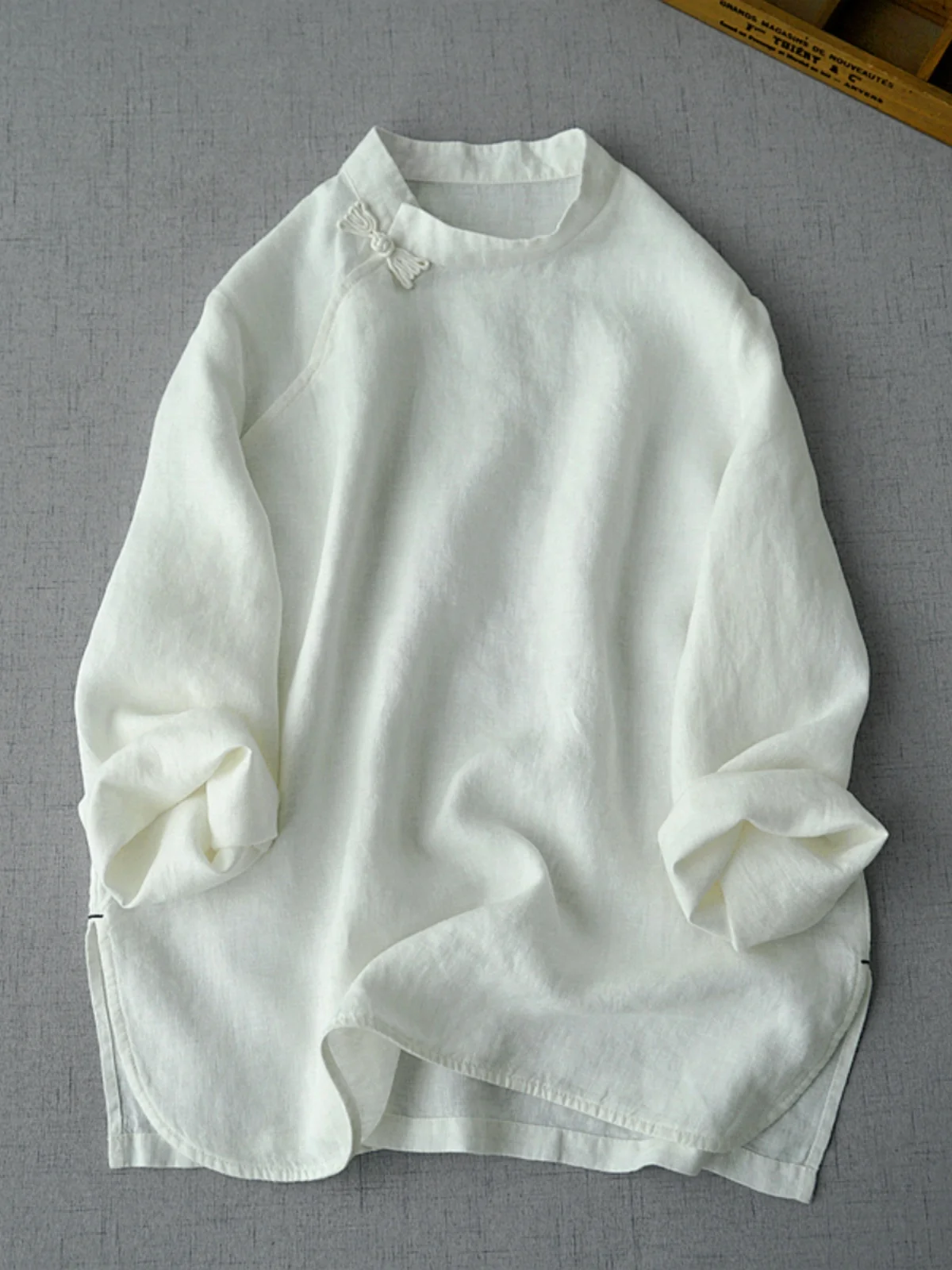

Retro Button up Long Sleeve Linen Shirt Women's Chinese Style Zen Improved Stand Collar Overhead Top Elegant Loose Fit