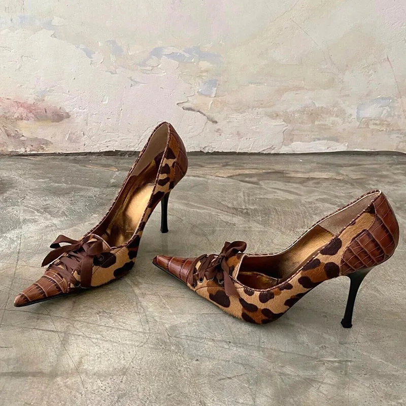 

Trendy Leopard Print Pointed Toe High Heels Women's Spring Summer New Style Sexy Mary Janes Fashion Single Shoes with Bow