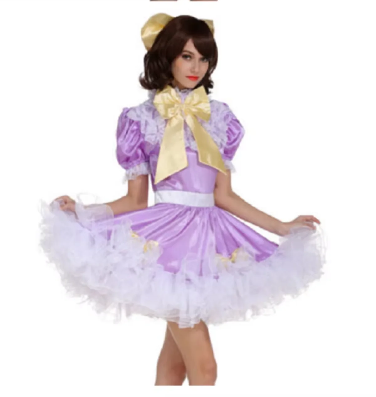 

New Maid Lockable Sissy Dress Purple Butterfly End Waist Cosplay Fluffy Shoulders Puff Sleeves High Neck Cute Costume Customiza