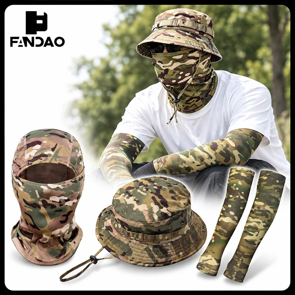 3 In 1 Tactical Camo Boonie Hat Set with Balaclava Face Cover Cooling Arm Sleeves For Hunting Fishing Cycling Hiking Camping