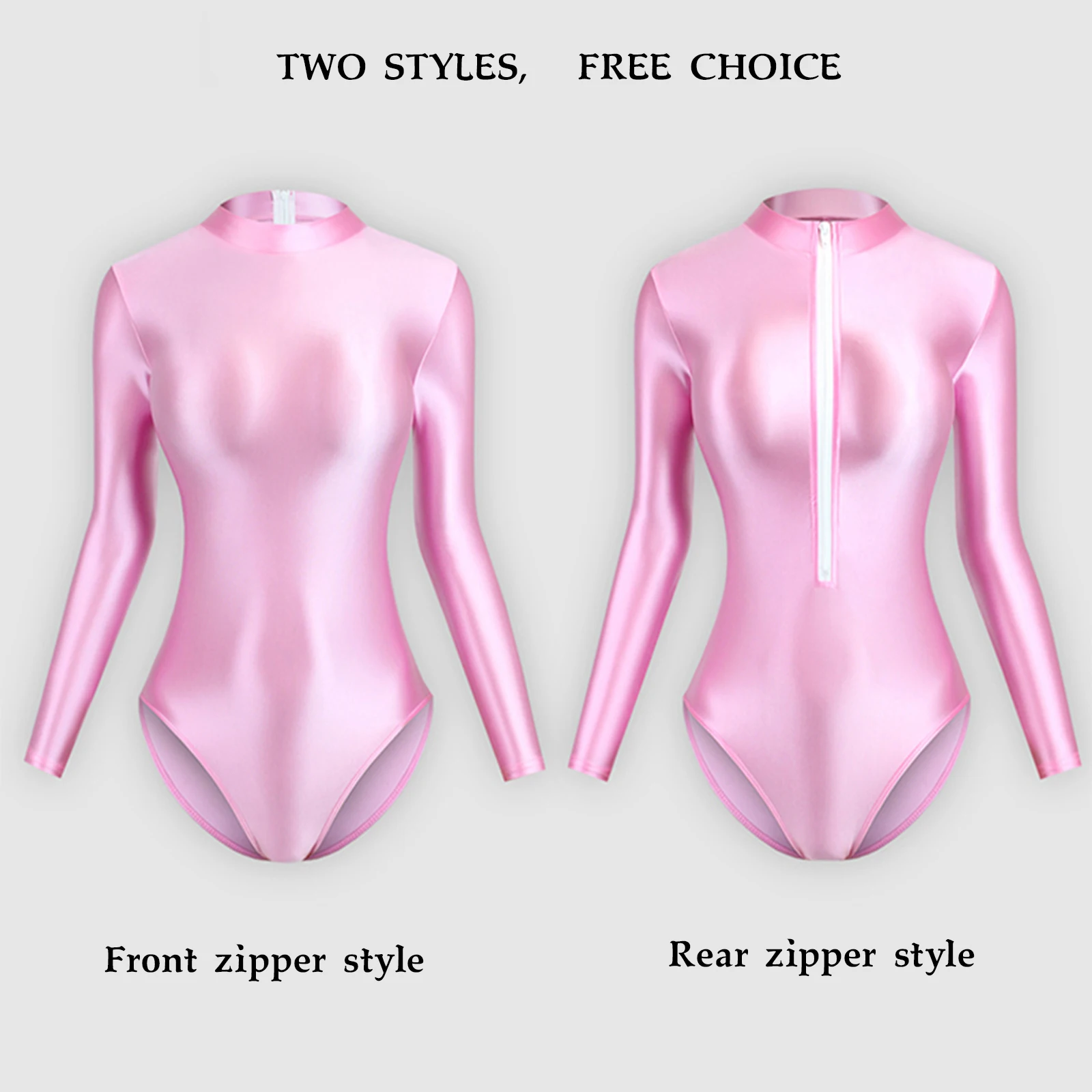Sexy Glossy Women's One-Piece Swimsuit Silky Shiny Long-Sleeved Zip-Back High Fork Tights Leotard Swimwear