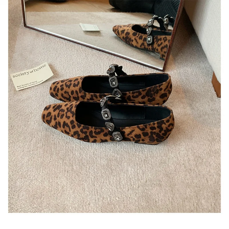 Temperament Square Toe Love Leopard Print with Diamond Shallow Mouth Mary Jane Pumps Women