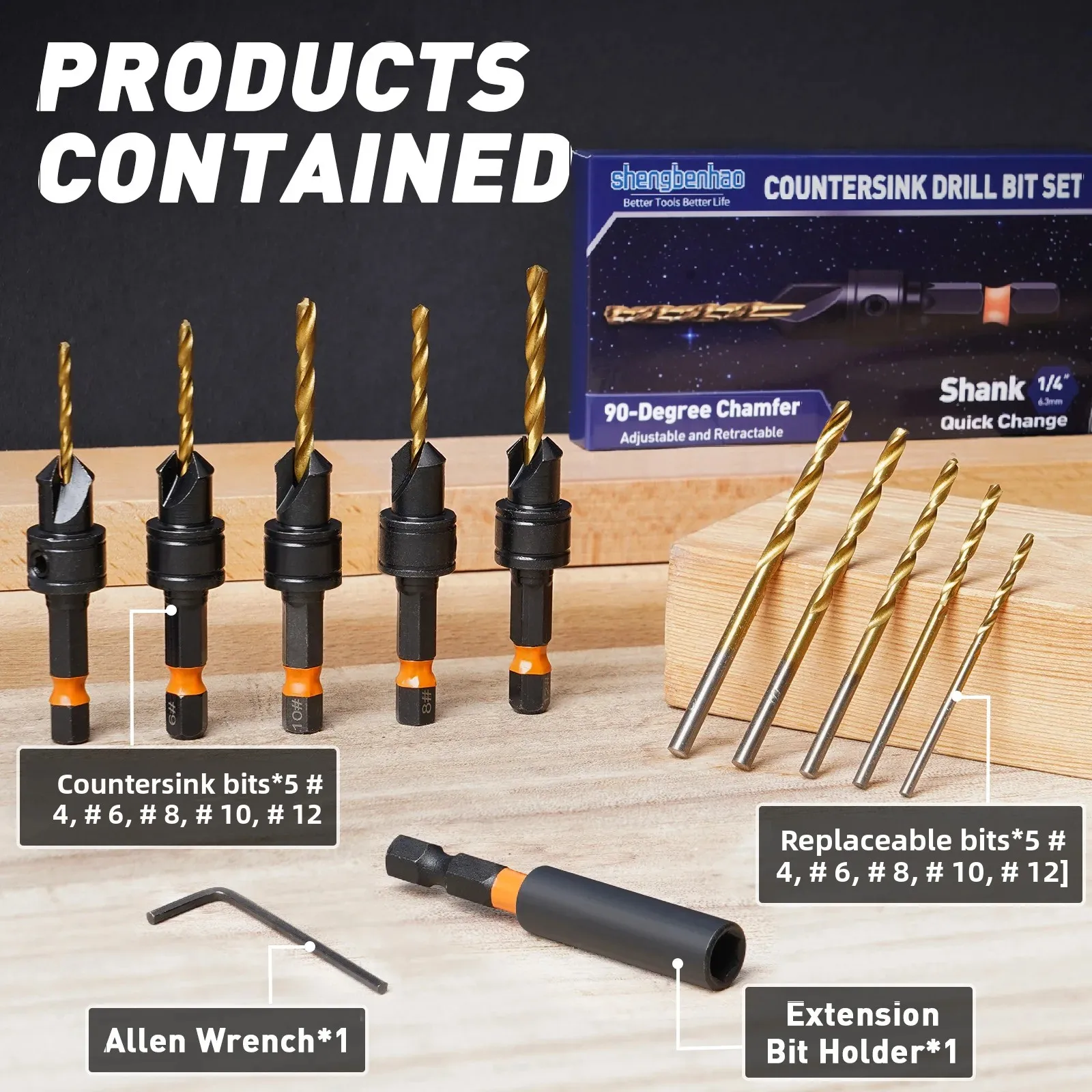 

12-Piece Countersink Drill Bit Set with Titanium Coating, Featuring Strong Magnetic Extension Bar, Replaceable Twist Drill Bits