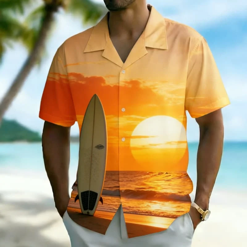 Men's Premium Ocean Sunset Print Button Up Shirt Versatile Summer Look for Hawaii Vacation Pool Party Outdoor Adventure