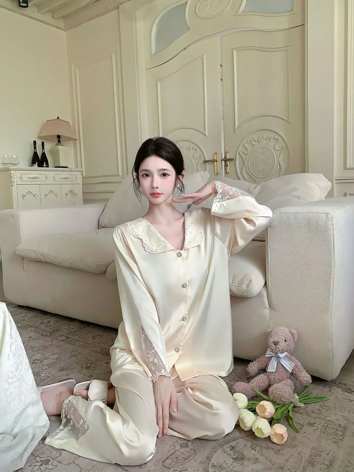 

New Spring Summer Satin Pajamas Set 2Pcs Nightwear Women Loose Sleepwear Long Sleeve Top&pants Casual Pijamas Loungewear