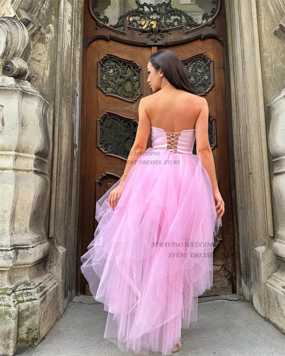 SPRAYING Gorgeous Prom Gown Princess Pink Strapless Patchwork Evening Dresses Custom Made Lace-up V-Neck Backless Party Dress