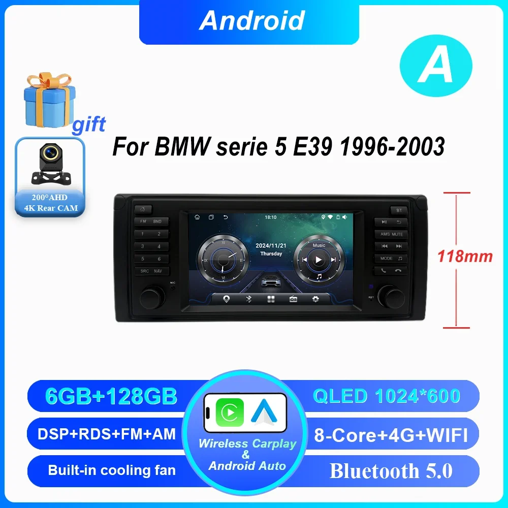 7 Inch Draadloze CarPlay Android Auto Radio Voor BMW 5 Serie E39 X5 E53 M5 1996-2003 Auto multimedia GPS 2din DVD Autoradio 4G DSP