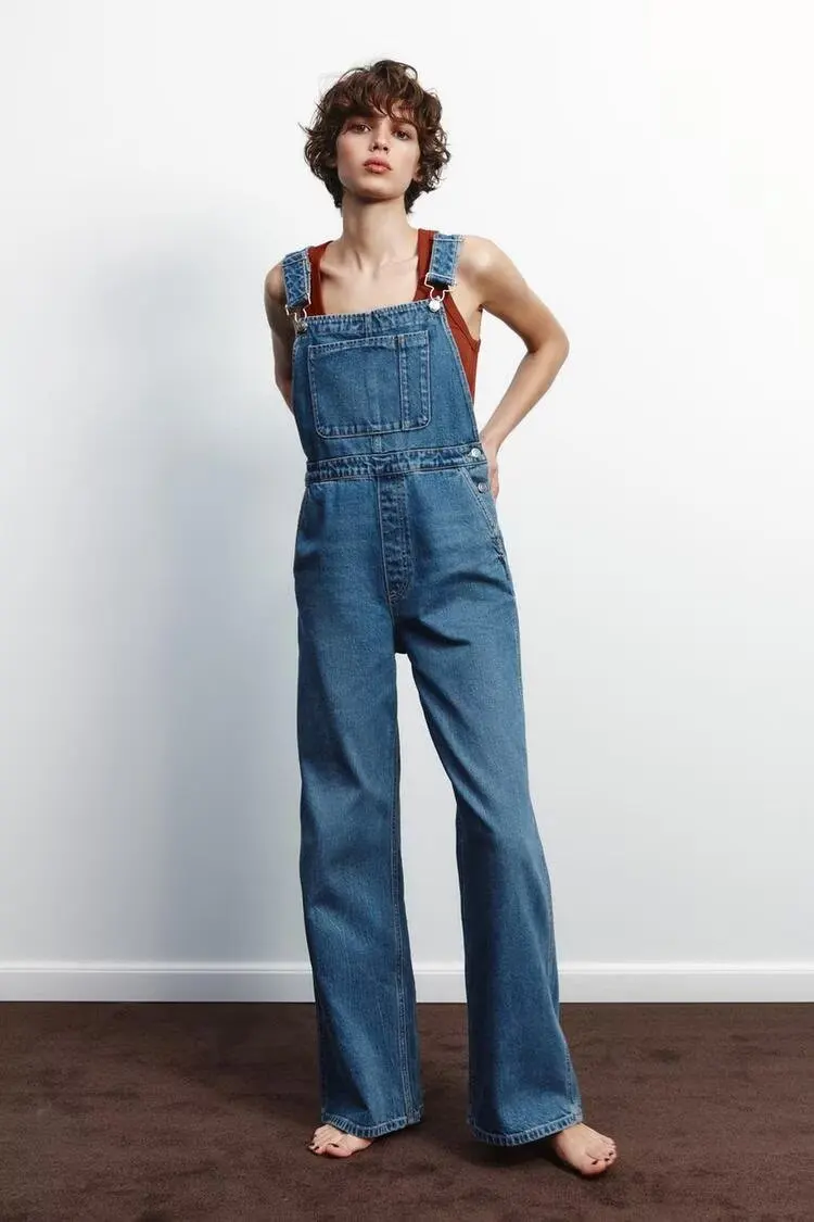 

Spring New Arrival Women's Casual Sle Denim Overalls with Patch ket High Waist Long Pants Commute Sle Wear Resistant