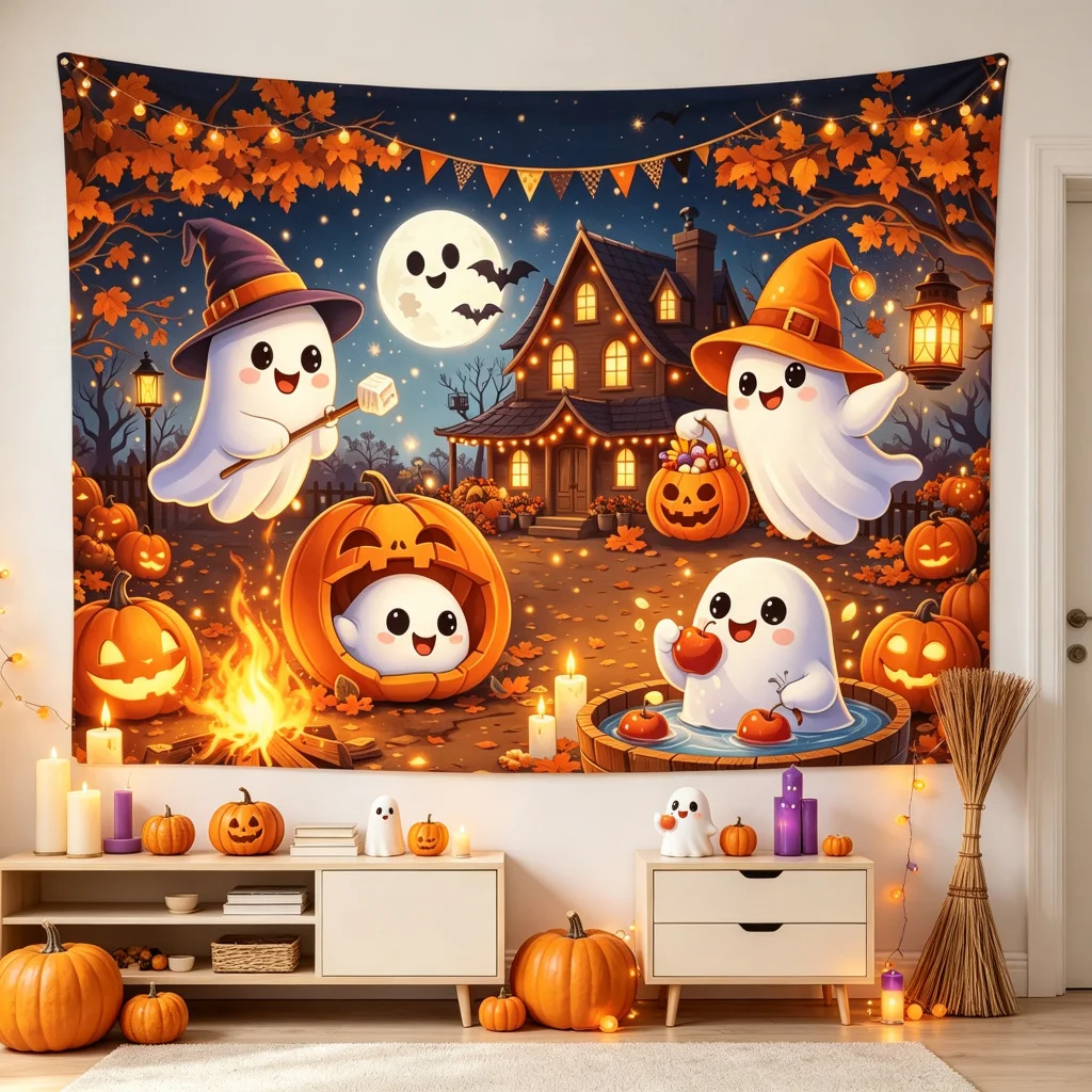 1PC Ghost Broom Pumpkin Candy Halloween Print Backdrop Banner, Bedroom Photo Background, Polyester, Halloween Party Decoration