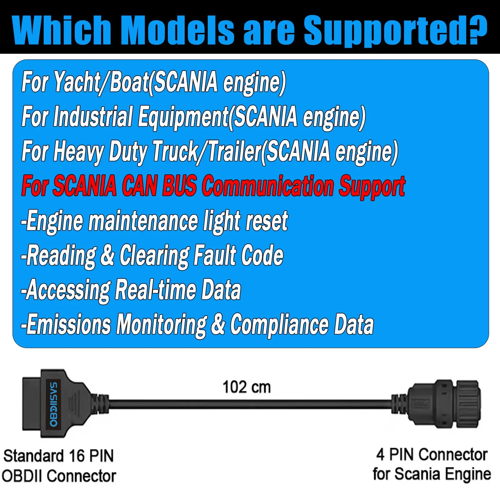 OBD2 Diagnostic Cable For Scania 4Pin to OBD2 16Pin Industrial/Marine Engine Diagnostic Cable 4Pin for Scania Engine Connector