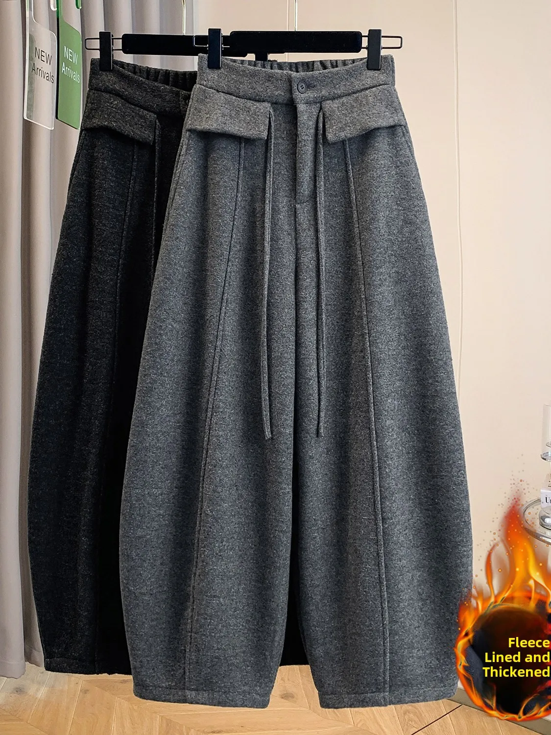 Artistic Design Fleece Lined Woolen Wide Leg Knife Pants Casual Drawstring Trousers Balloon Pants Winter Large Size Women's F...