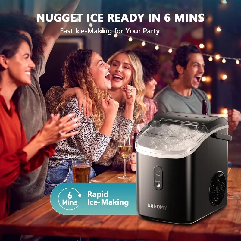 EUHOMY Nugget Ice Maker Countertop with Handle, Removable Top Cover, Auto-Cleaning, Portable Sonic Ice Maker with Scoop(Black)