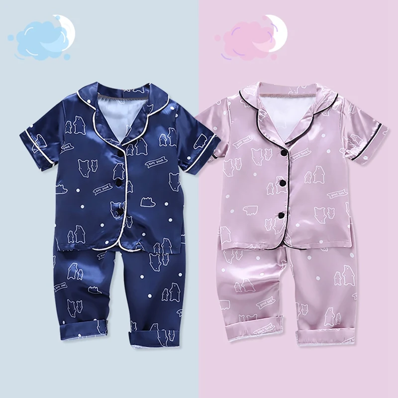 Kids Pajamas Set Silk Satin Kids Boys Girls Sleepwears Outfits Set Print Sleepwear Short Sleeve Blouse Tops+Pants 2PCS Pijamas